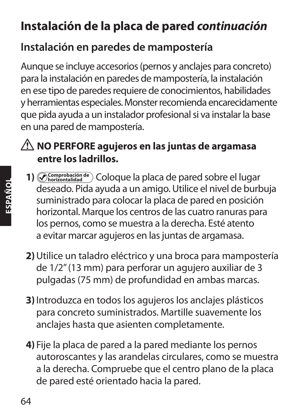 Instalación de la placa de pared continuación, Instalación en paredes de mampostería | Monster FlatScreen SuperThin Flat Mount - Up to 46” Screens User Manual | Page 68 / 106