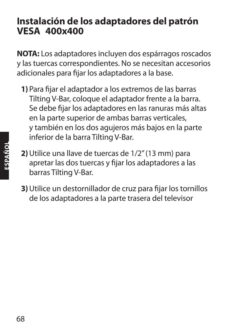 Instalación de los adaptadores del patrón vesa | Monster FlatScreen SuperThin Flat Mount - Up to 46” Screens User Manual | Page 72 / 106