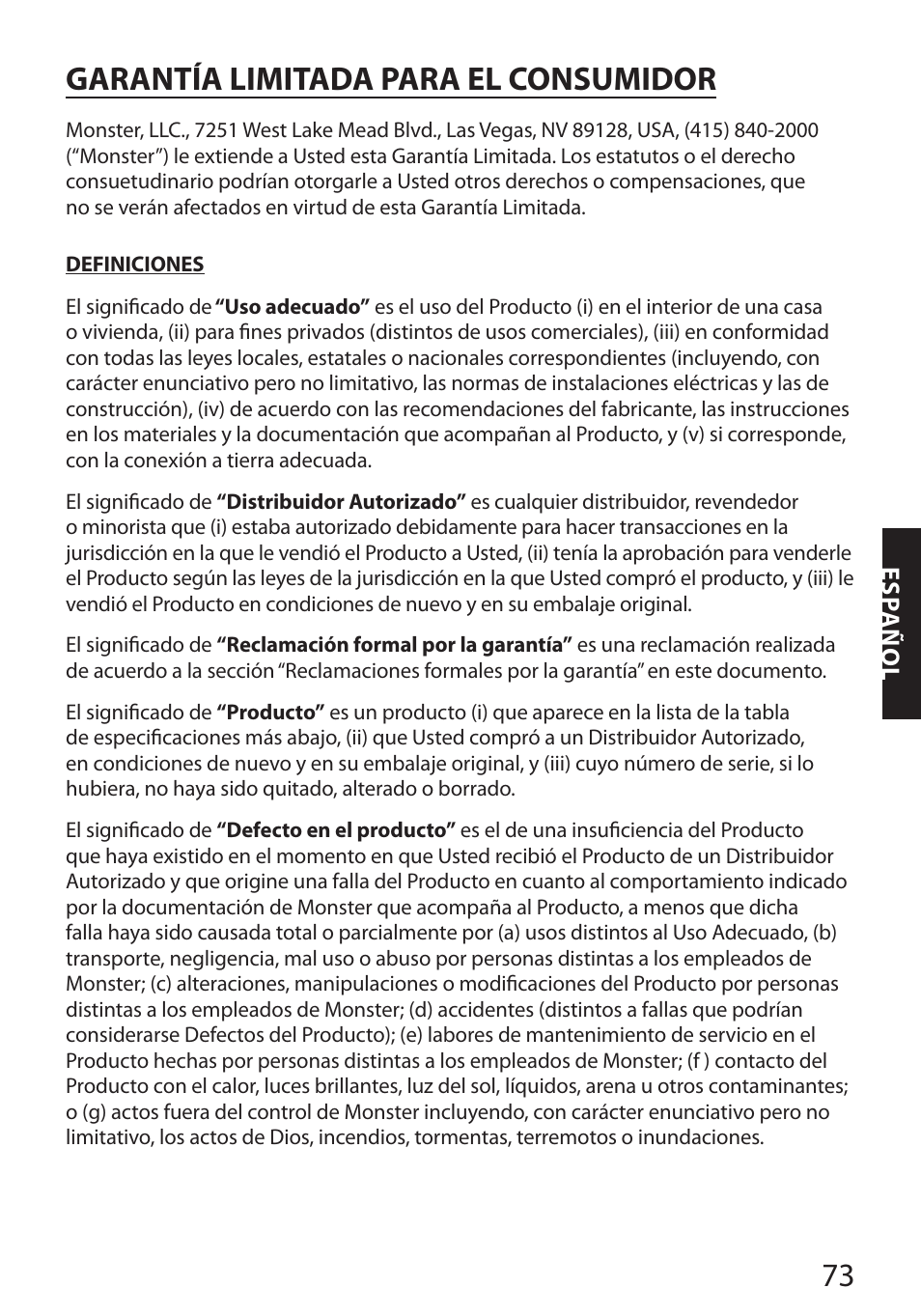 Garantía limitada para el consumidor | Monster FlatScreen SuperThin Flat Mount - Up to 46” Screens User Manual | Page 77 / 106