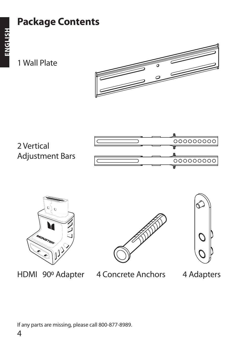 Package contents | Monster FlatScreen SuperThin Flat Mount - Up to 46” Screens User Manual | Page 8 / 106