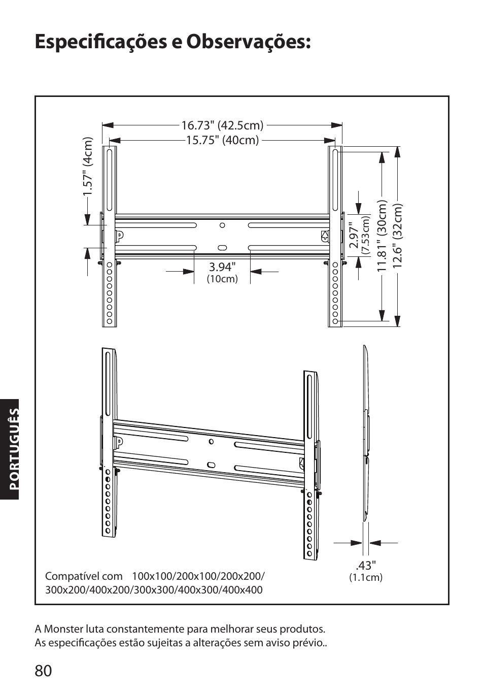 Especificações e observações | Monster FlatScreen SuperThin Flat Mount - Up to 46” Screens User Manual | Page 84 / 106