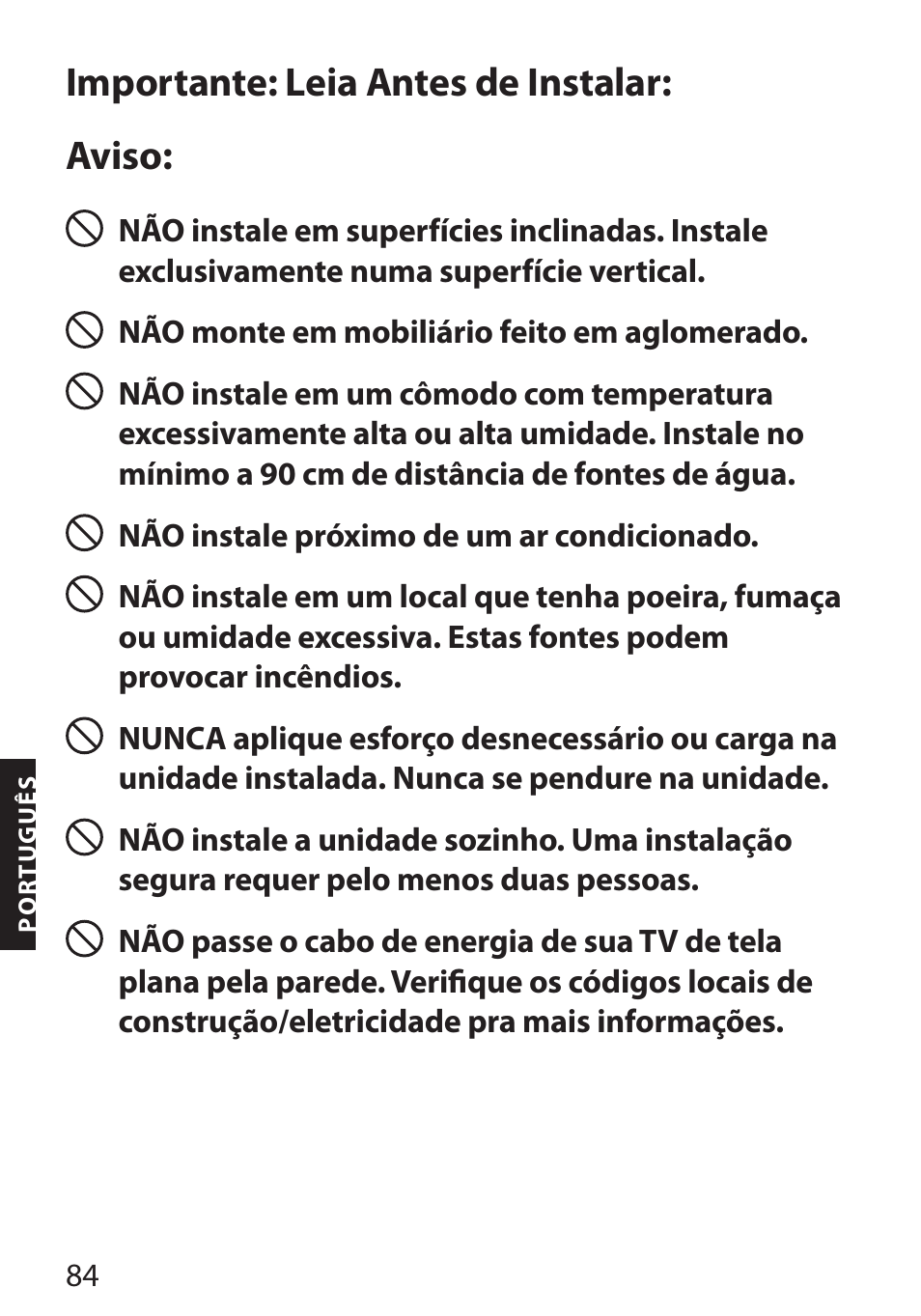 Importante: leia antes de instalar: aviso | Monster FlatScreen SuperThin Flat Mount - Up to 46” Screens User Manual | Page 88 / 106