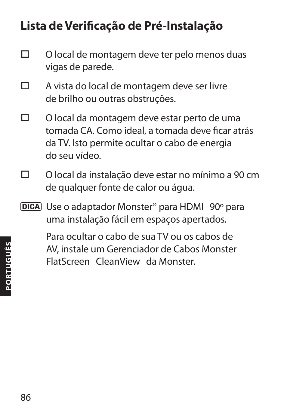 Lista de verificação de pré-instalação | Monster FlatScreen SuperThin Flat Mount - Up to 46” Screens User Manual | Page 90 / 106