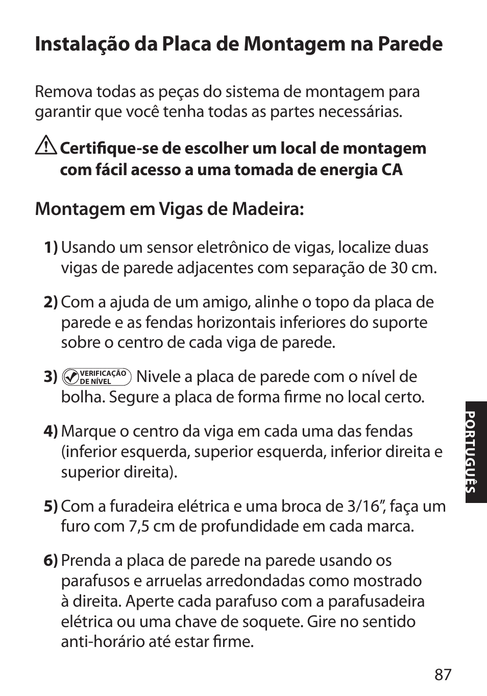 Instalação da placa de montagem na parede, Montagem em vigas de madeira | Monster FlatScreen SuperThin Flat Mount - Up to 46” Screens User Manual | Page 91 / 106