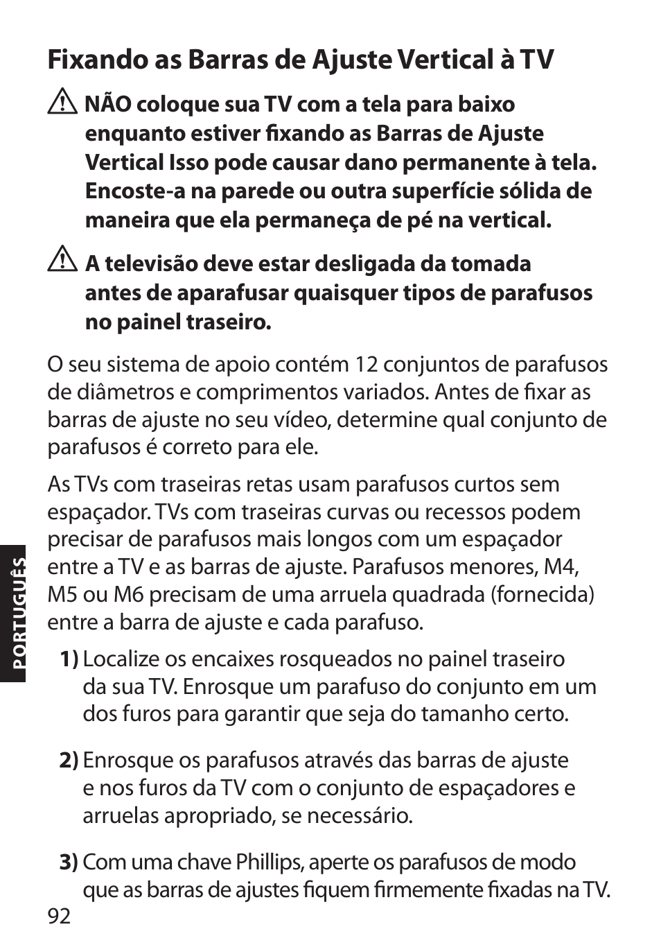 Fixando as barras de ajuste vertical à tv | Monster FlatScreen SuperThin Flat Mount - Up to 46” Screens User Manual | Page 96 / 106