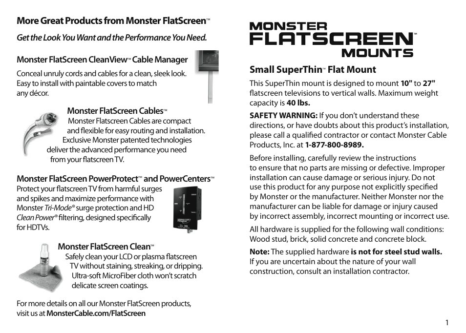 Small superthin, Flat mount, More great products from monster flatscreen | Monster FlatScreen SuperThin Flat Mount - Up to 27” Screens User Manual | Page 3 / 13