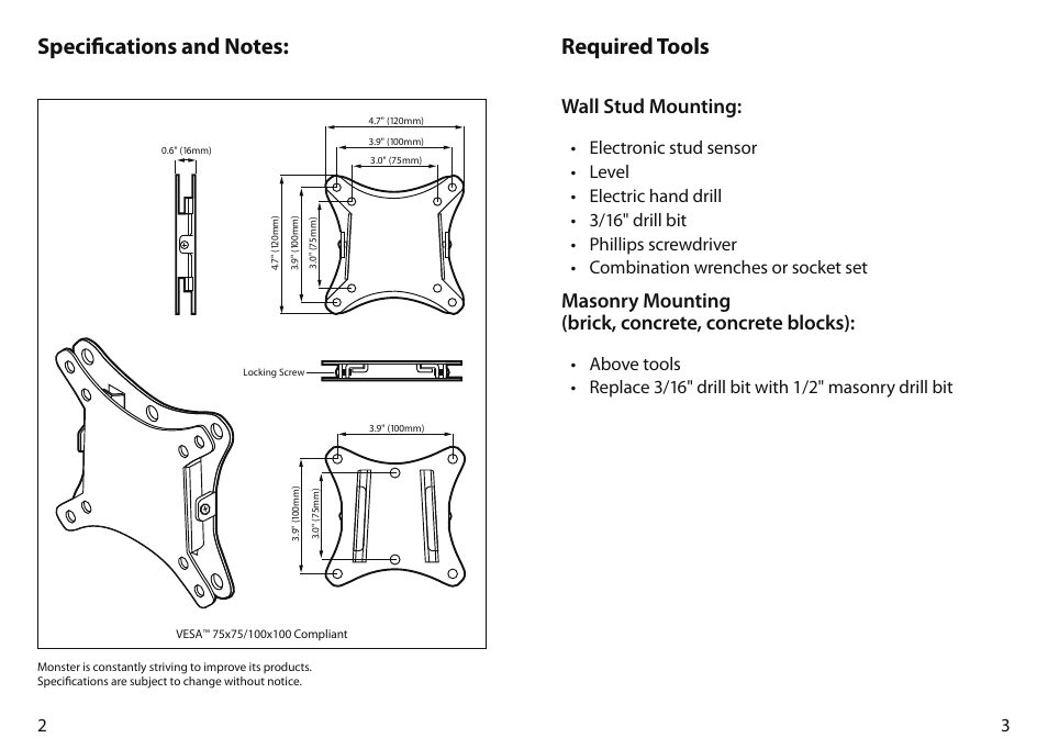 Required tools, Wall stud mounting | Monster FlatScreen SuperThin Flat Mount - Up to 27” Screens User Manual | Page 4 / 13