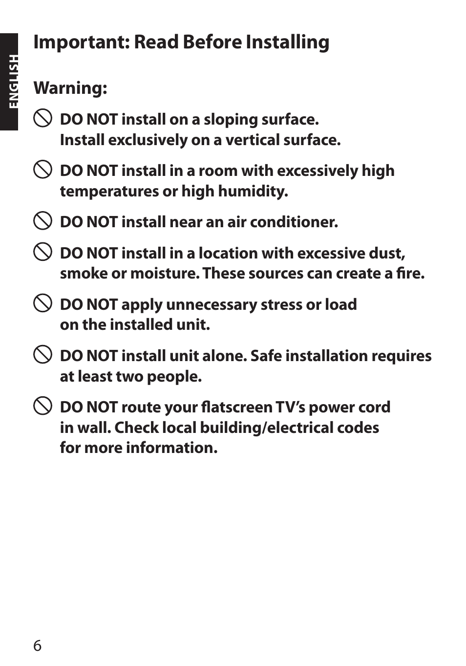 Important: read before installing | Monster FlatScreen SuperThin Flat Mount - Up to 104” Screens User Manual | Page 10 / 104