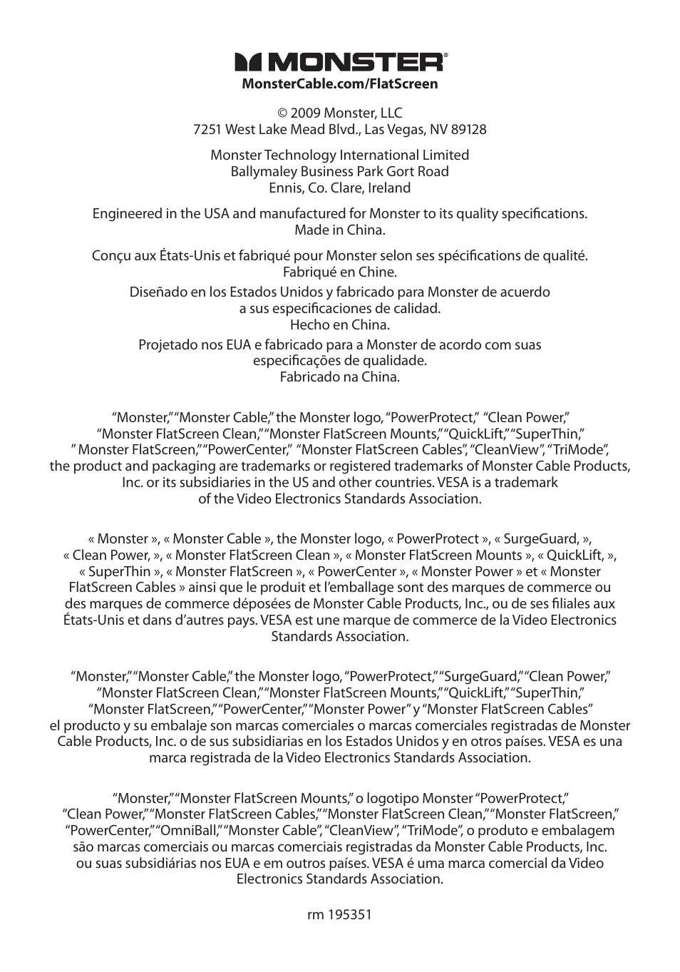 Monster FlatScreen SuperThin Flat Mount - Up to 104” Screens User Manual | Page 104 / 104