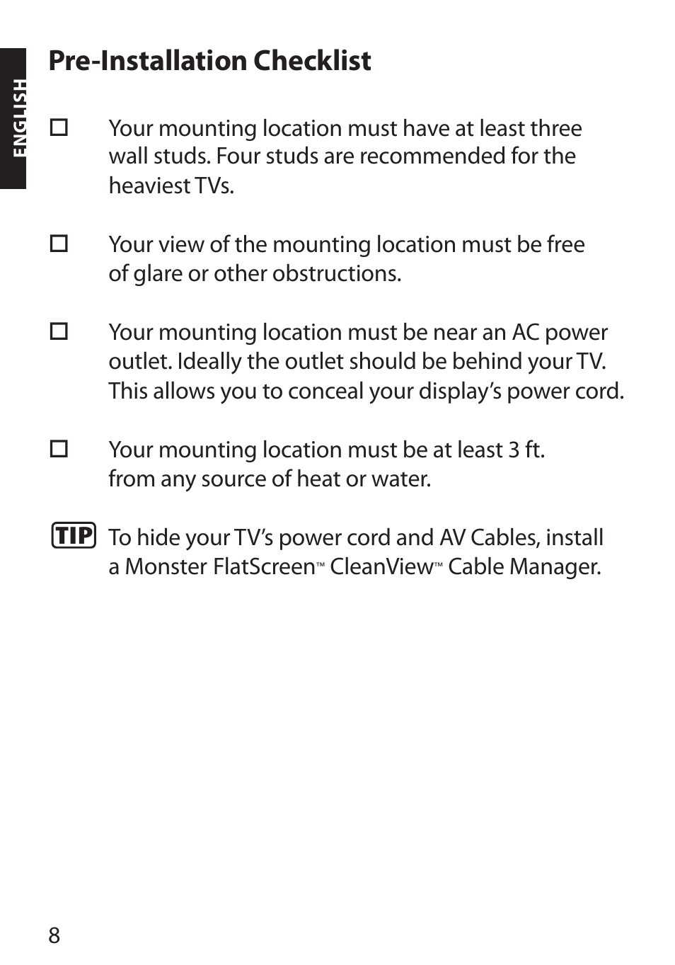 Pre-installation checklist | Monster FlatScreen SuperThin Flat Mount - Up to 104” Screens User Manual | Page 12 / 104