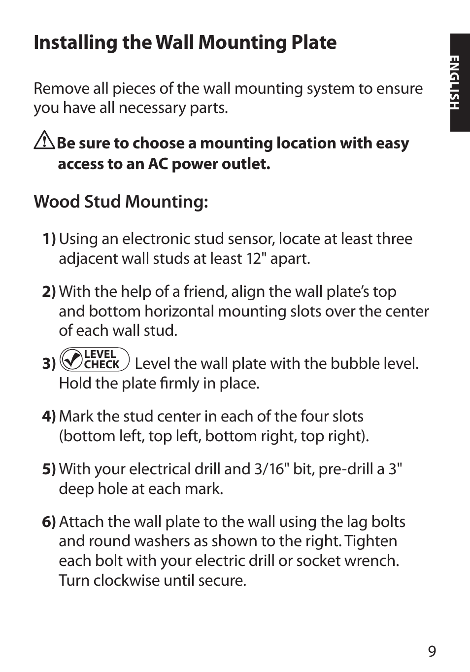 Installing the wall mounting plate, Wood stud mounting | Monster FlatScreen SuperThin Flat Mount - Up to 104” Screens User Manual | Page 13 / 104
