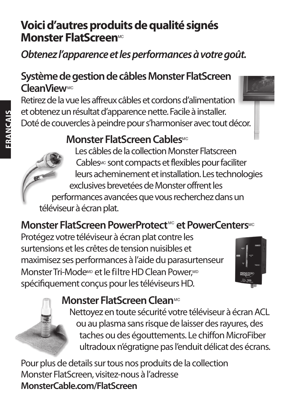 Monster flatscreen cables, Monster flatscreen powerprotect, Et powercenters | Monster flatscreen clean | Monster FlatScreen SuperThin Flat Mount - Up to 104” Screens User Manual | Page 28 / 104