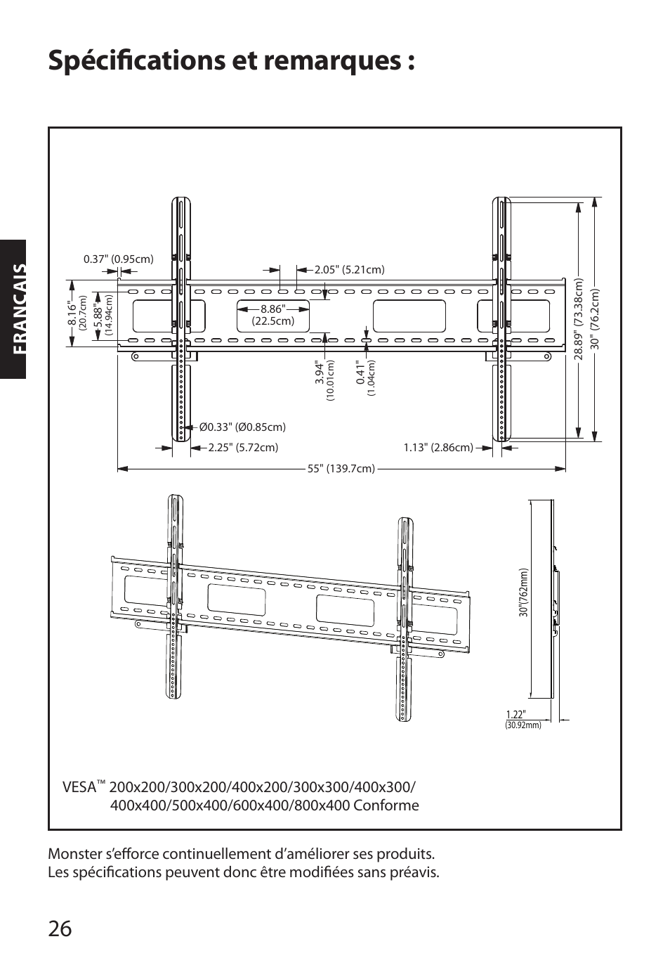 Spécifications et remarques, Fr anç ais | Monster FlatScreen SuperThin Flat Mount - Up to 104” Screens User Manual | Page 30 / 104