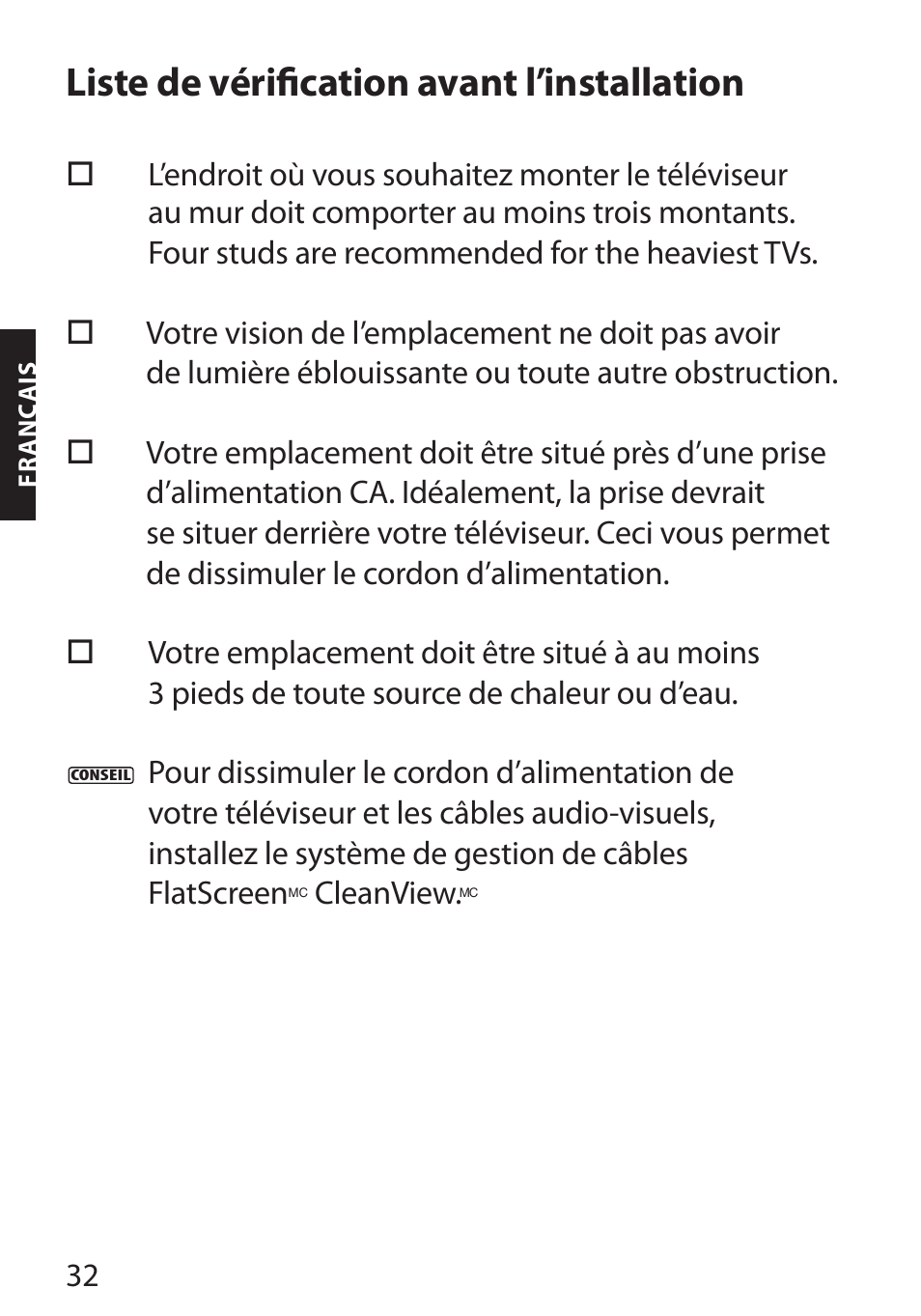 Liste de vérification avant l’installation | Monster FlatScreen SuperThin Flat Mount - Up to 104” Screens User Manual | Page 36 / 104