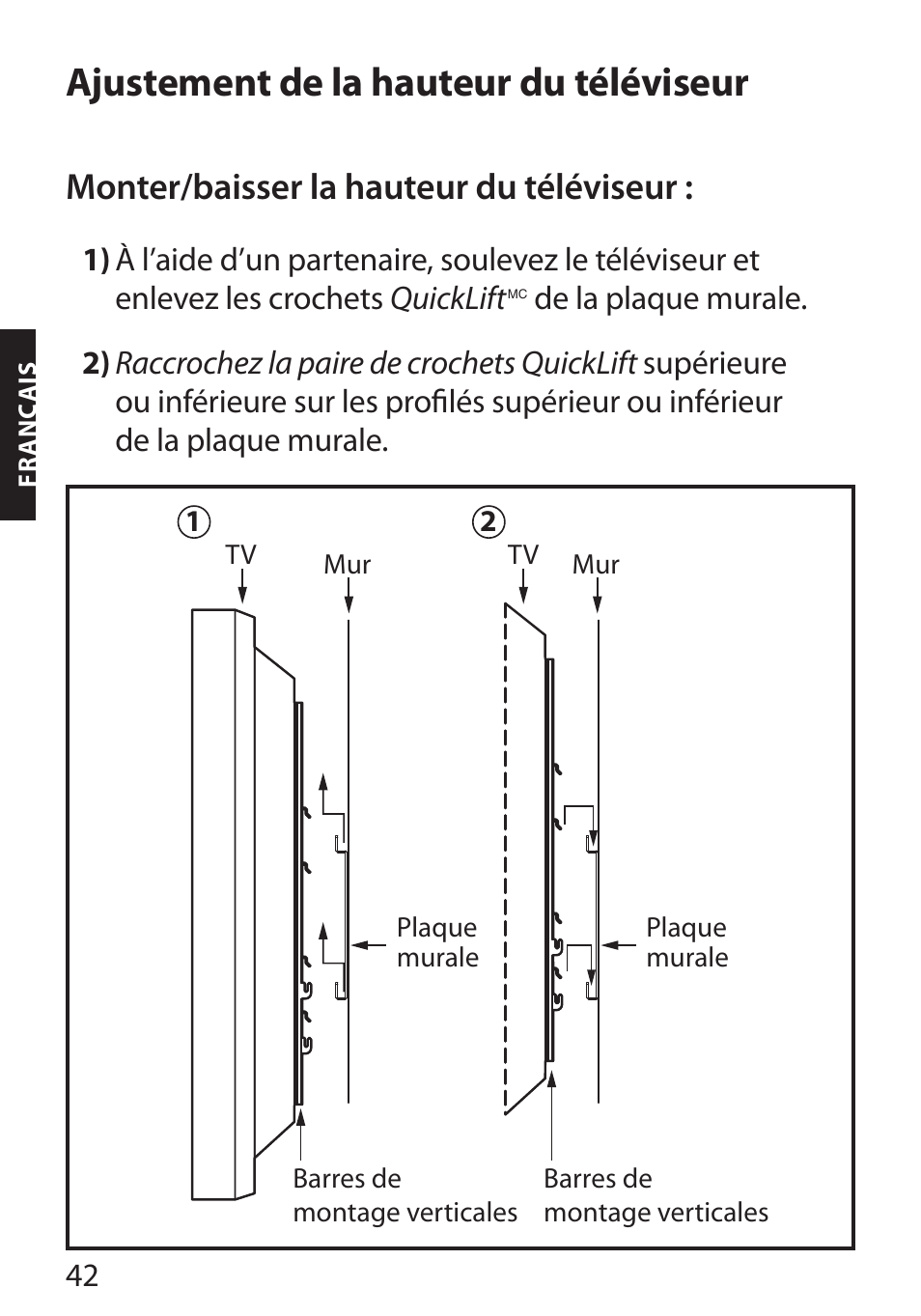 Ajustement de la hauteur du téléviseur, Monter/baisser la hauteur du téléviseur | Monster FlatScreen SuperThin Flat Mount - Up to 104” Screens User Manual | Page 46 / 104