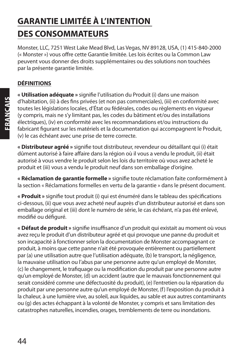 Garantie limitée à l’intention des consommateurs | Monster FlatScreen SuperThin Flat Mount - Up to 104” Screens User Manual | Page 48 / 104