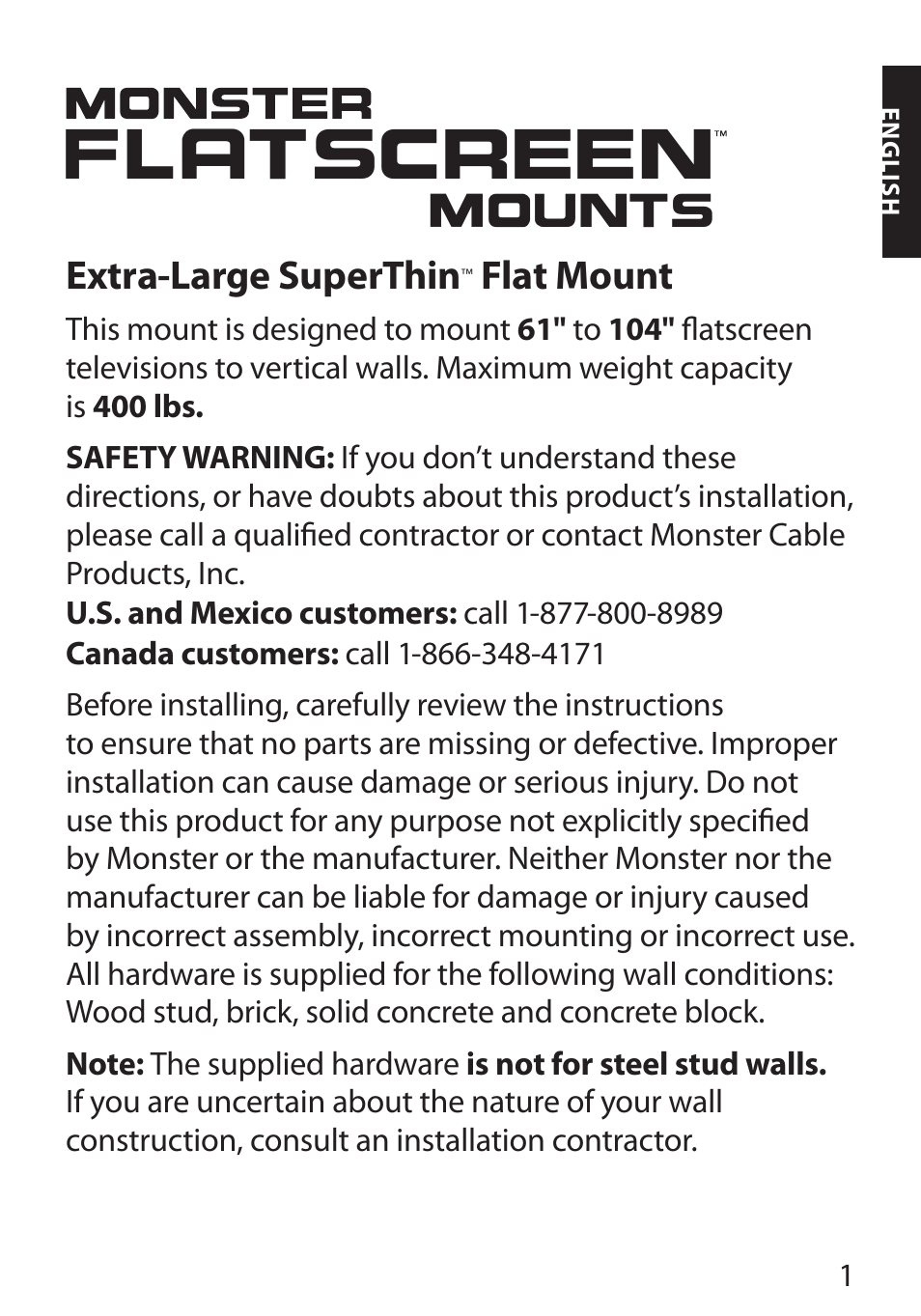 Flatscreen, Extra-large superthin, Flat mount | Monster FlatScreen SuperThin Flat Mount - Up to 104” Screens User Manual | Page 5 / 104