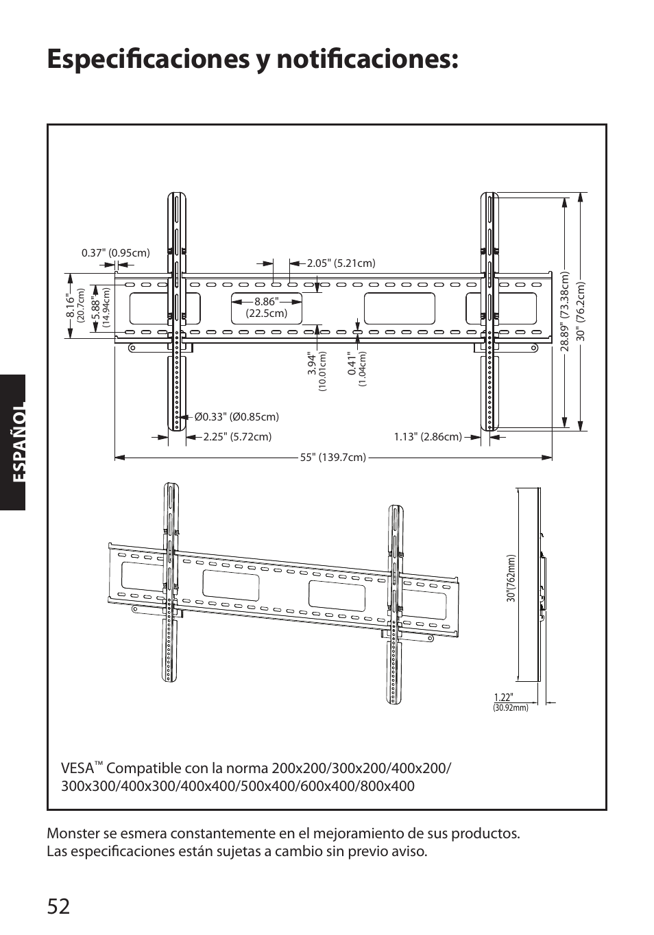 Especificaciones y notificaciones, Esp añol | Monster FlatScreen SuperThin Flat Mount - Up to 104” Screens User Manual | Page 56 / 104