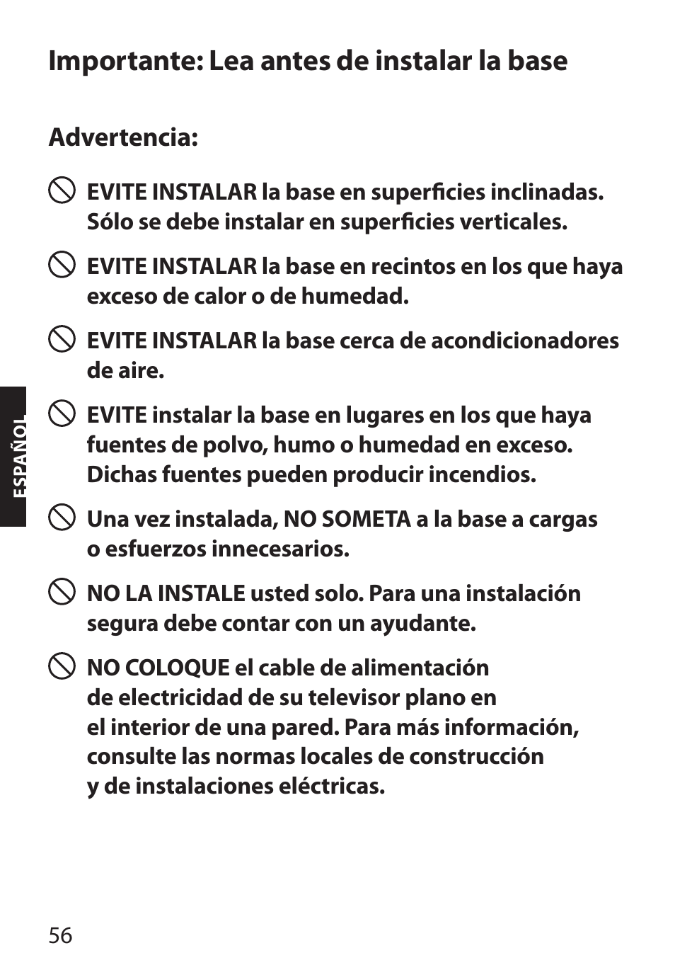 Importante: lea antes de instalar la base | Monster FlatScreen SuperThin Flat Mount - Up to 104” Screens User Manual | Page 60 / 104