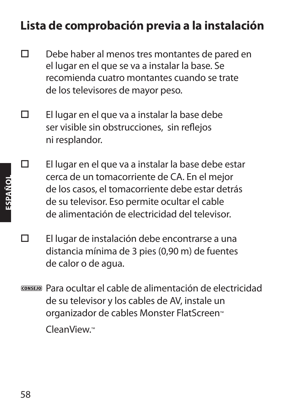 Lista de comprobación previa a la instalación | Monster FlatScreen SuperThin Flat Mount - Up to 104” Screens User Manual | Page 62 / 104