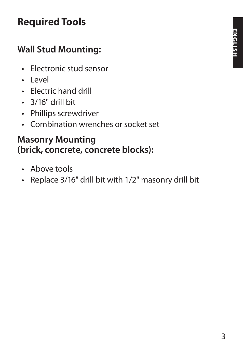 Required tools | Monster FlatScreen SuperThin Flat Mount - Up to 104” Screens User Manual | Page 7 / 104