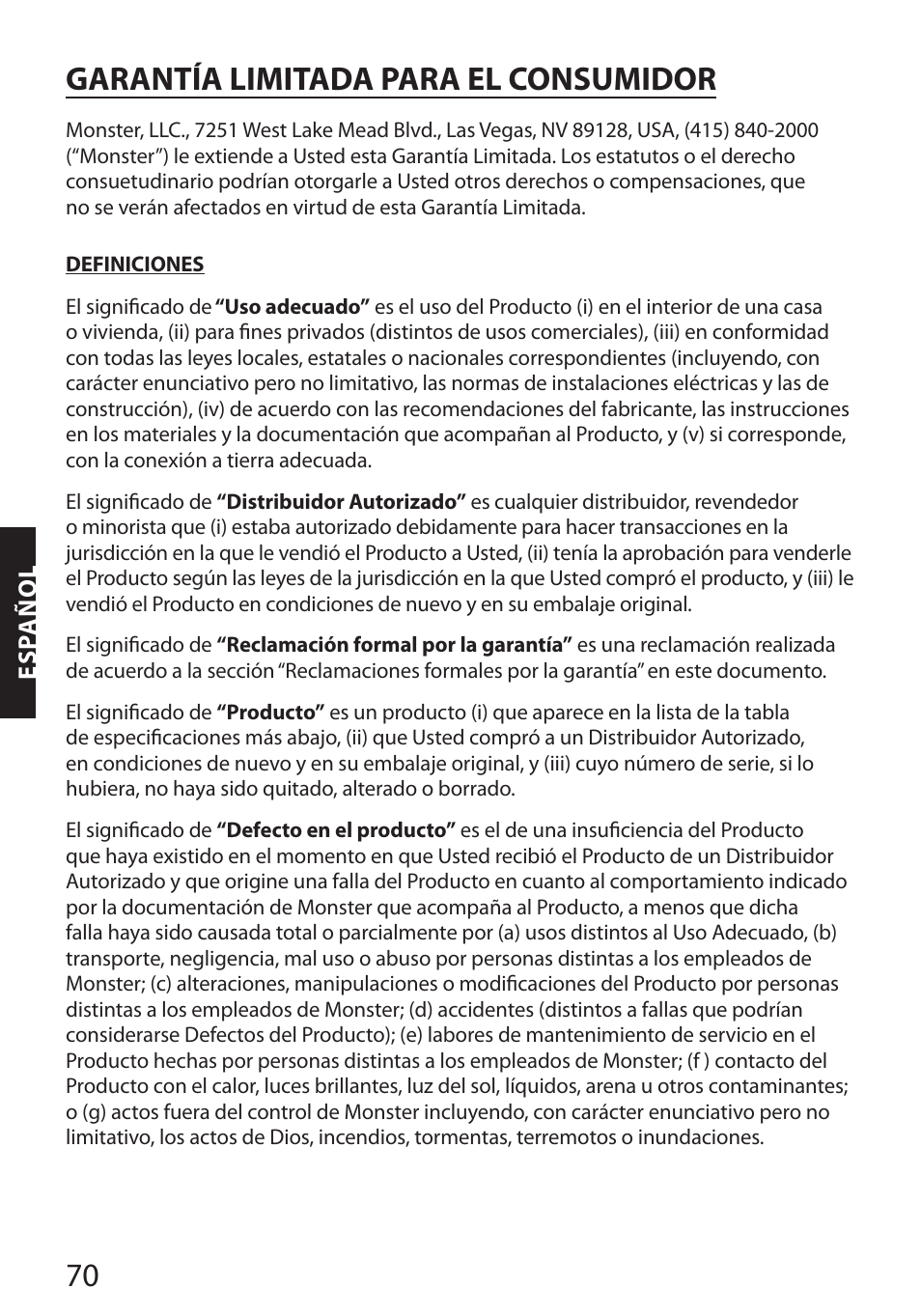 Garantía limitada para el consumidor | Monster FlatScreen SuperThin Flat Mount - Up to 104” Screens User Manual | Page 74 / 104