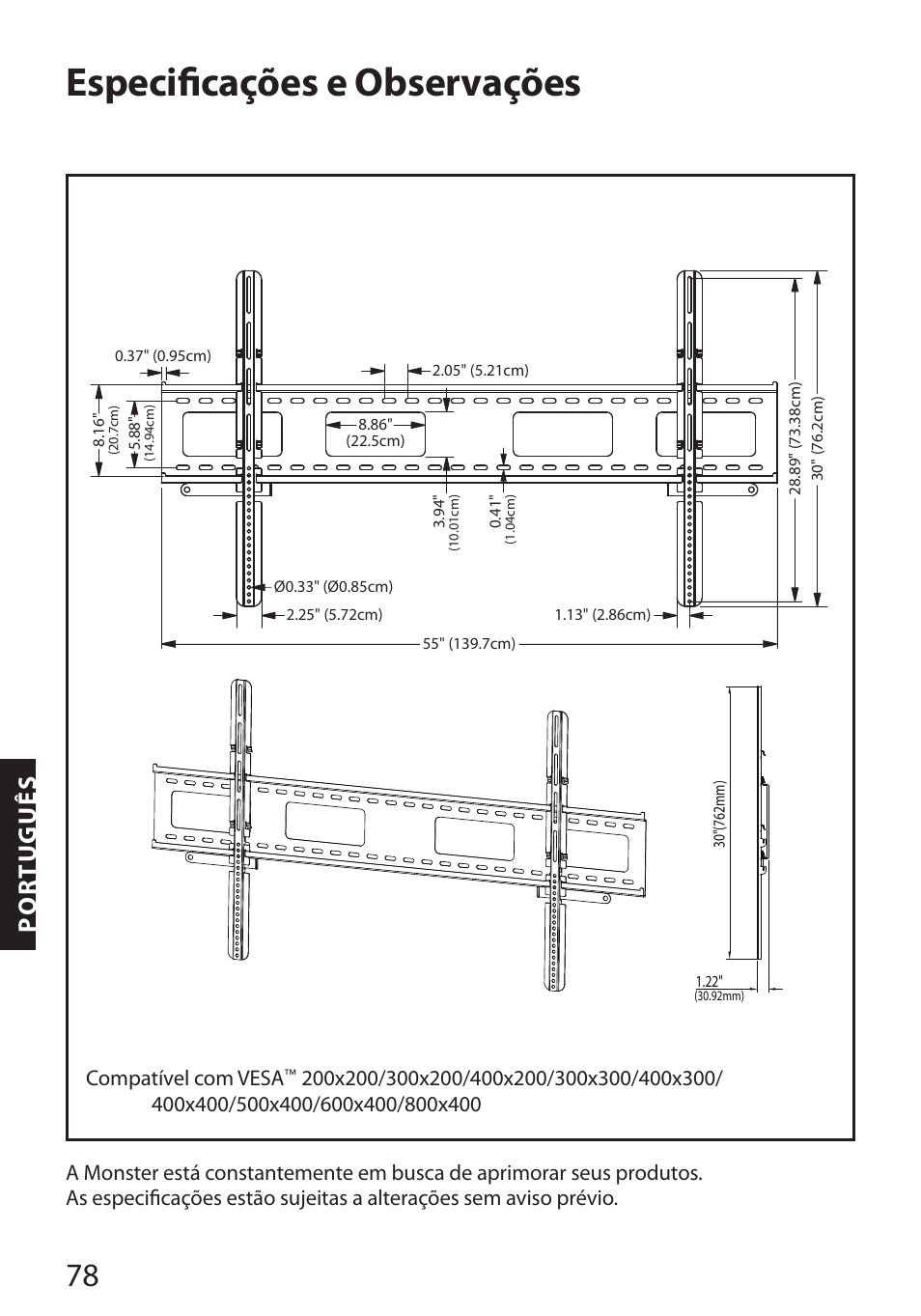 Especificações e observações, Portugu ês | Monster FlatScreen SuperThin Flat Mount - Up to 104” Screens User Manual | Page 82 / 104