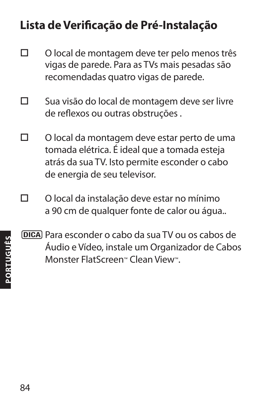 Lista de verificação de pré-instalação | Monster FlatScreen SuperThin Flat Mount - Up to 104” Screens User Manual | Page 88 / 104