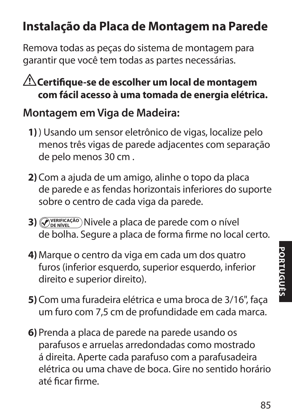 Instalação da placa de montagem na parede, Montagem em viga de madeira | Monster FlatScreen SuperThin Flat Mount - Up to 104” Screens User Manual | Page 89 / 104