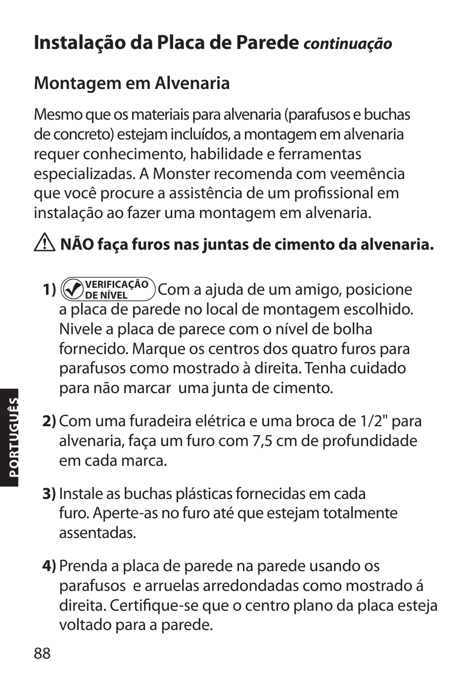 Instalação da placa de parede, Montagem em alvenaria | Monster FlatScreen SuperThin Flat Mount - Up to 104” Screens User Manual | Page 92 / 104