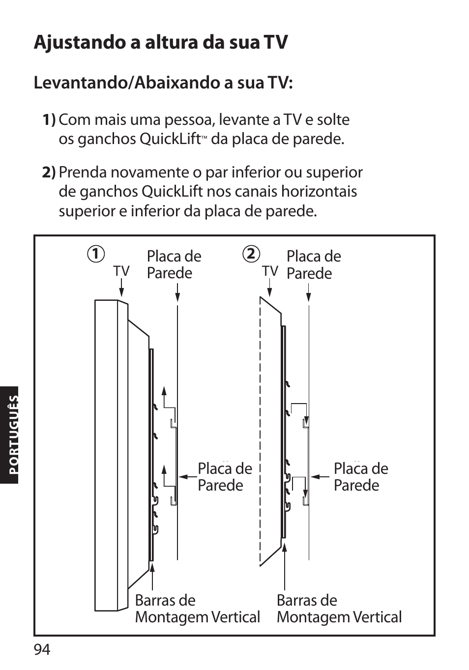 Ajustando a altura da sua tv, Levantando/abaixando a sua tv | Monster FlatScreen SuperThin Flat Mount - Up to 104” Screens User Manual | Page 98 / 104
