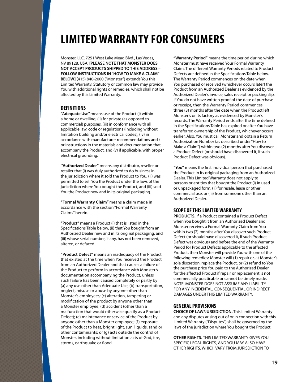 Limited warranty for consumers, Definitions, Scope of this limited warranty | General provisions | Monster FlatScreen SuperThin Articulating Mount - Up to 46” Screens User Manual | Page 19 / 20