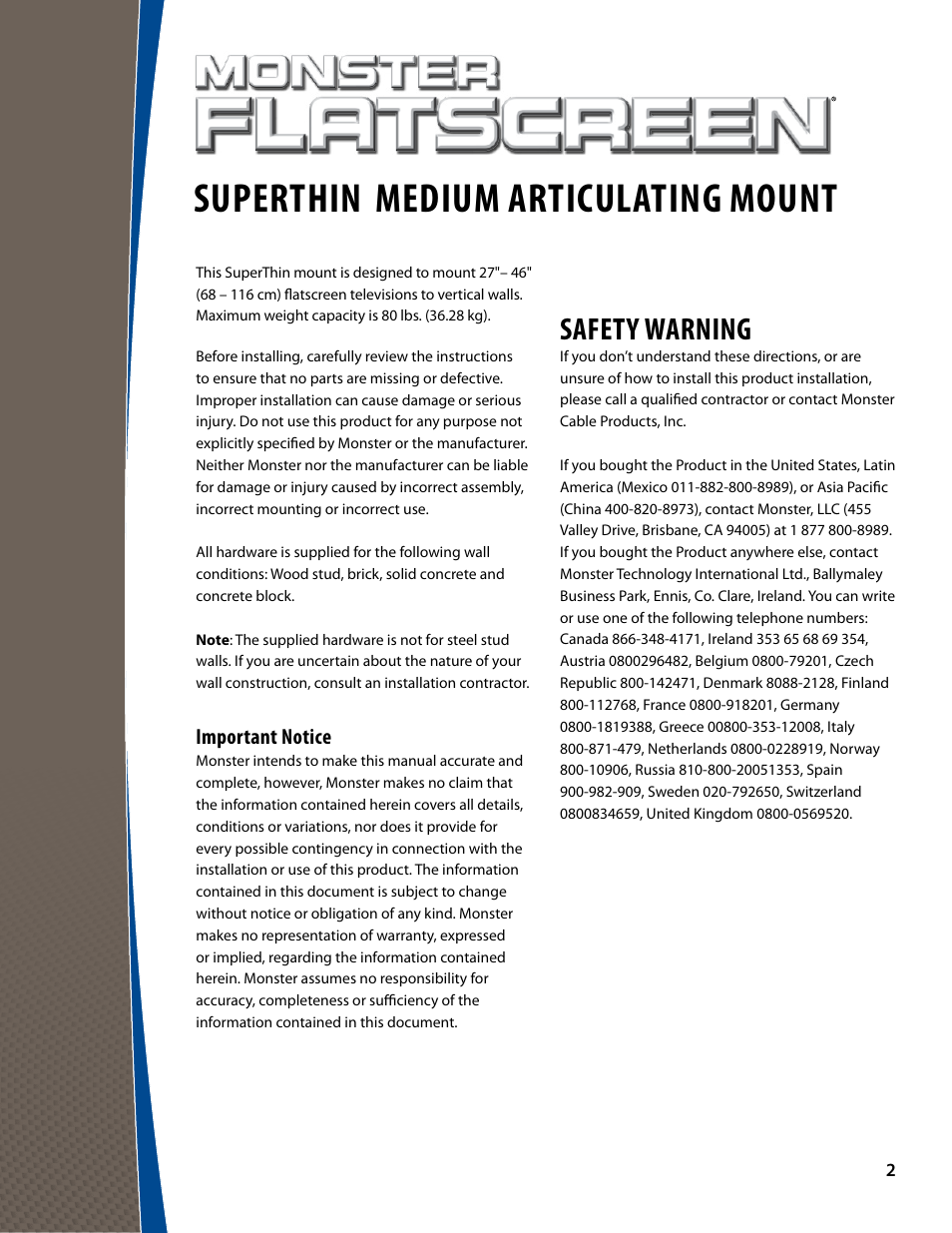 Superthin, Medium articulating mount, Safety warning | Monster FlatScreen SuperThin Articulating Mount - Up to 46” Screens User Manual | Page 2 / 20