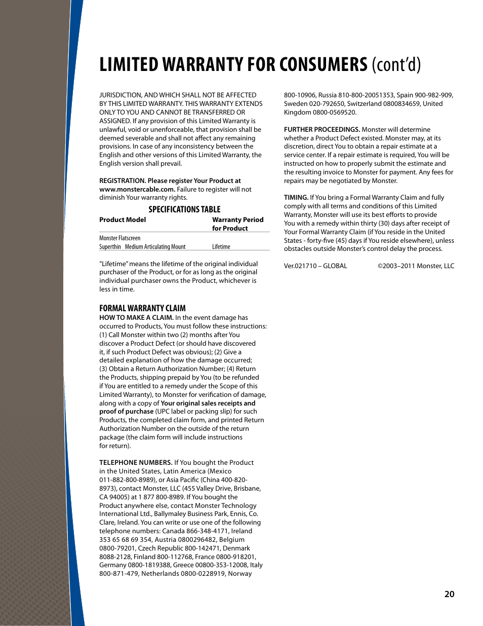 Limited warranty for consumers (cont’d), Specifications table, Formal warranty claim | Monster FlatScreen SuperThin Articulating Mount - Up to 46” Screens User Manual | Page 20 / 20