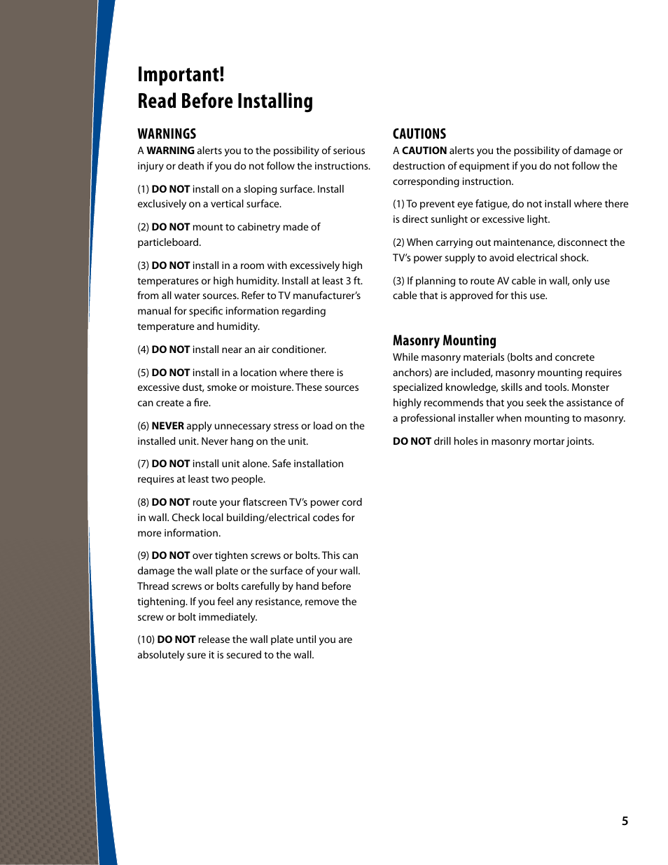 Important! read before installing, Warnings, Cautions | Masonry mounting | Monster FlatScreen SuperThin Articulating Mount - Up to 46” Screens User Manual | Page 5 / 20