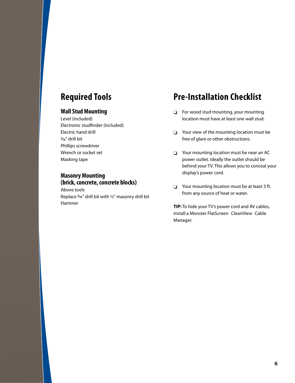 Pre-installation checklist, Required tools, Wall stud mounting | Monster FlatScreen SuperThin Articulating Mount - Up to 46” Screens User Manual | Page 6 / 20