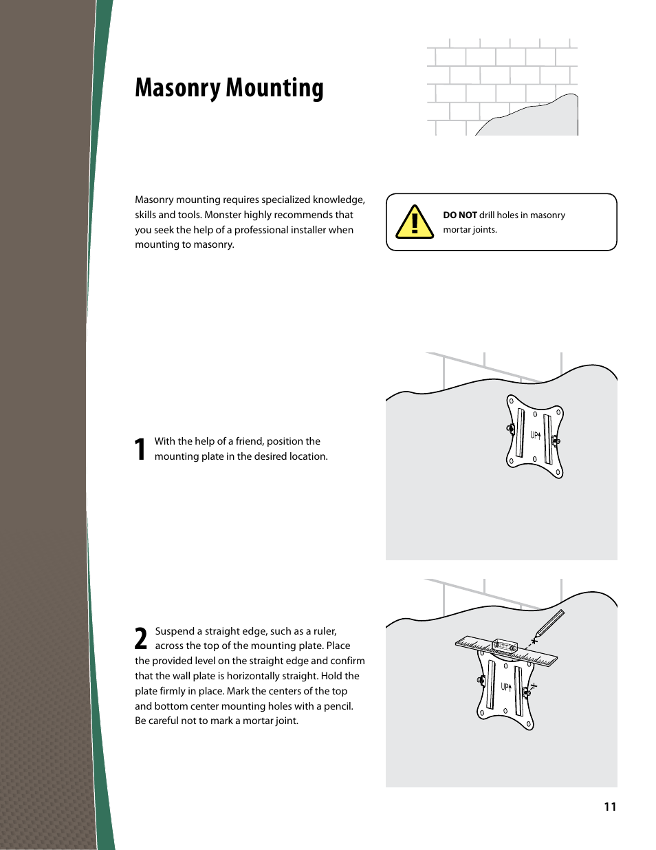 Masonry mounting | Monster FlatScreen SuperThin Tilt Mount - Up to 27” Screens User Manual | Page 11 / 20