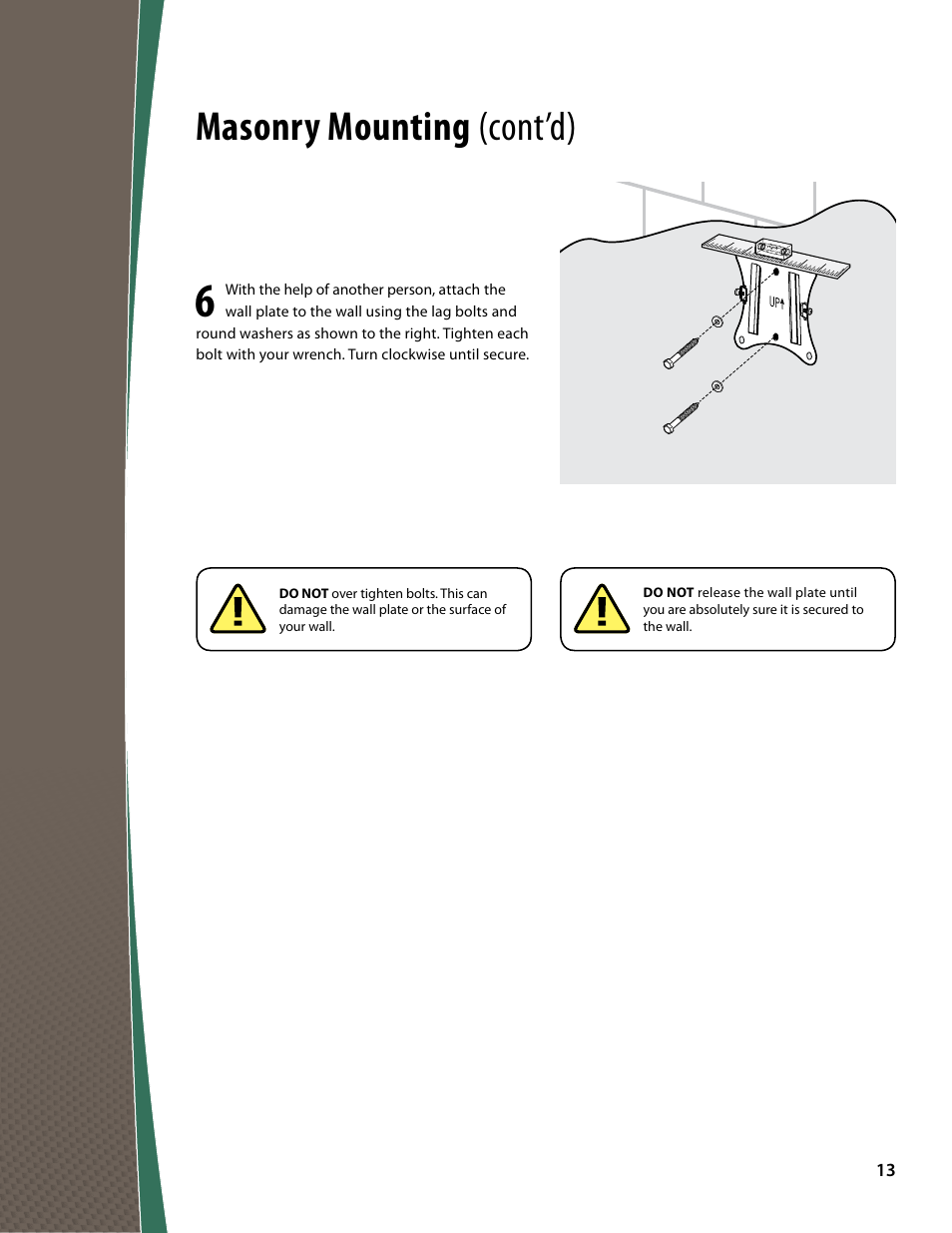 Masonry mounting (cont’d) | Monster FlatScreen SuperThin Tilt Mount - Up to 27” Screens User Manual | Page 13 / 20