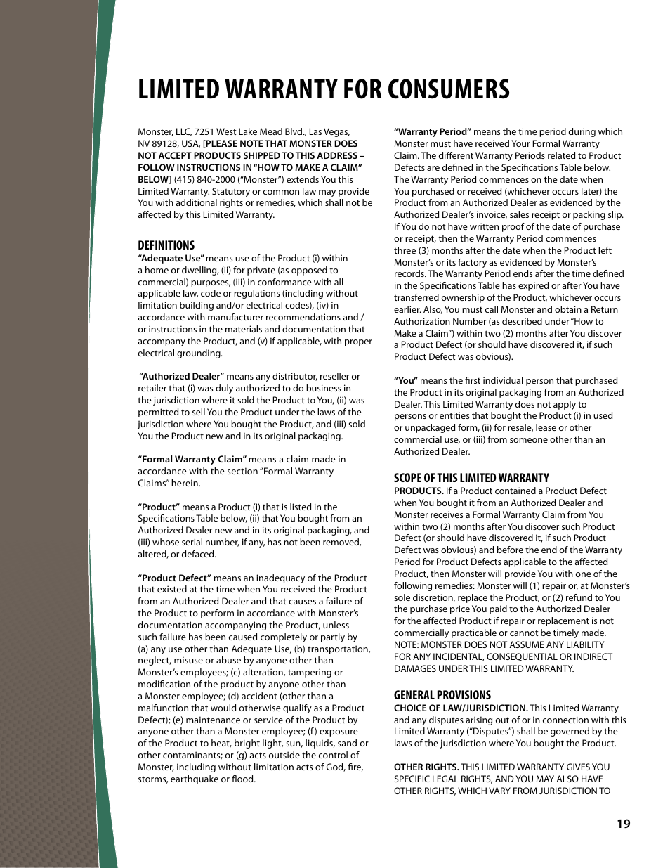 Limited warranty for consumers, Definitions, Scope of this limited warranty | General provisions | Monster FlatScreen SuperThin Tilt Mount - Up to 27” Screens User Manual | Page 19 / 20