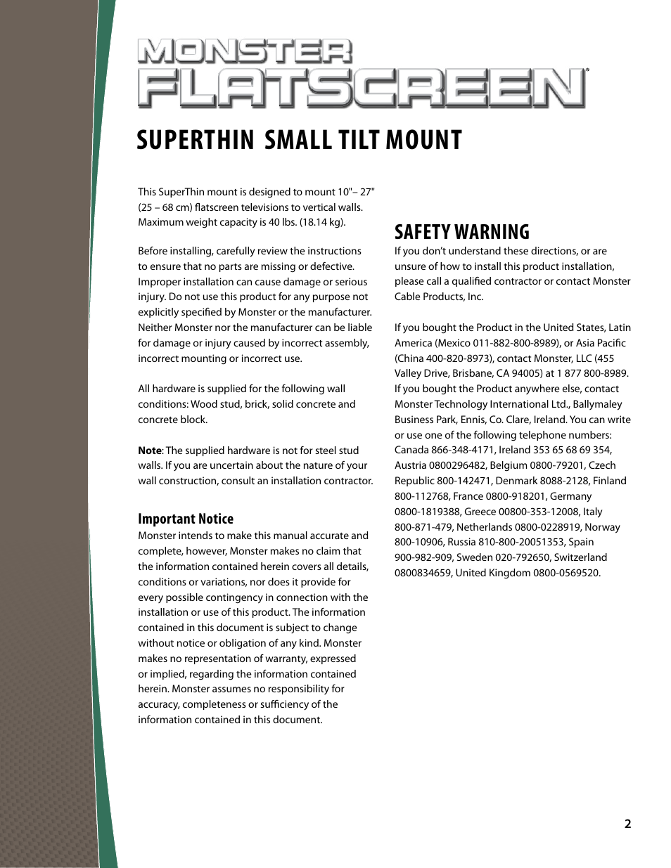 Superthin, Small tilt mount, Safety warning | Monster FlatScreen SuperThin Tilt Mount - Up to 27” Screens User Manual | Page 2 / 20