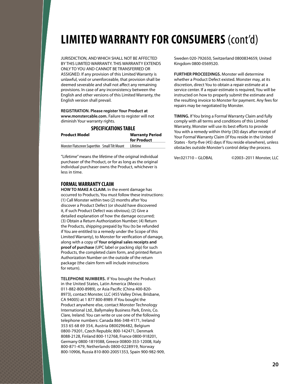 Limited warranty for consumers (cont’d), Specifications table, Formal warranty claim | Monster FlatScreen SuperThin Tilt Mount - Up to 27” Screens User Manual | Page 20 / 20