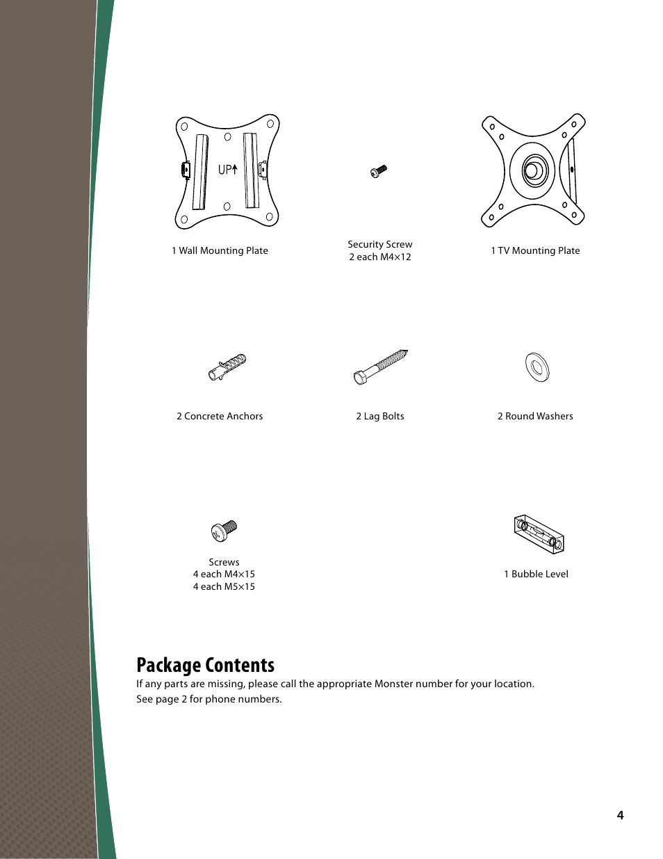 Package contents | Monster FlatScreen SuperThin Tilt Mount - Up to 27” Screens User Manual | Page 4 / 20