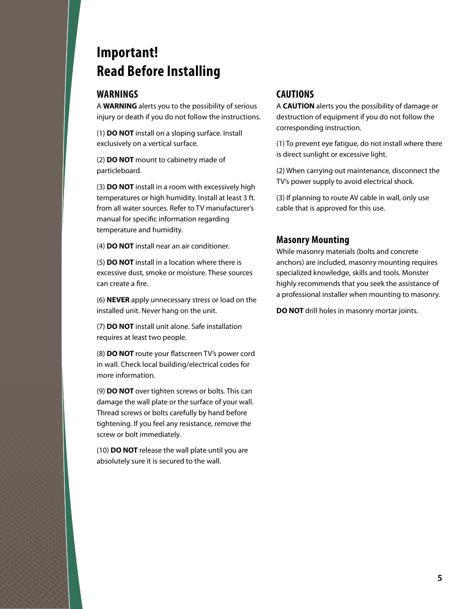 Important! read before installing, Warnings, Cautions | Masonry mounting | Monster FlatScreen SuperThin Tilt Mount - Up to 27” Screens User Manual | Page 5 / 20