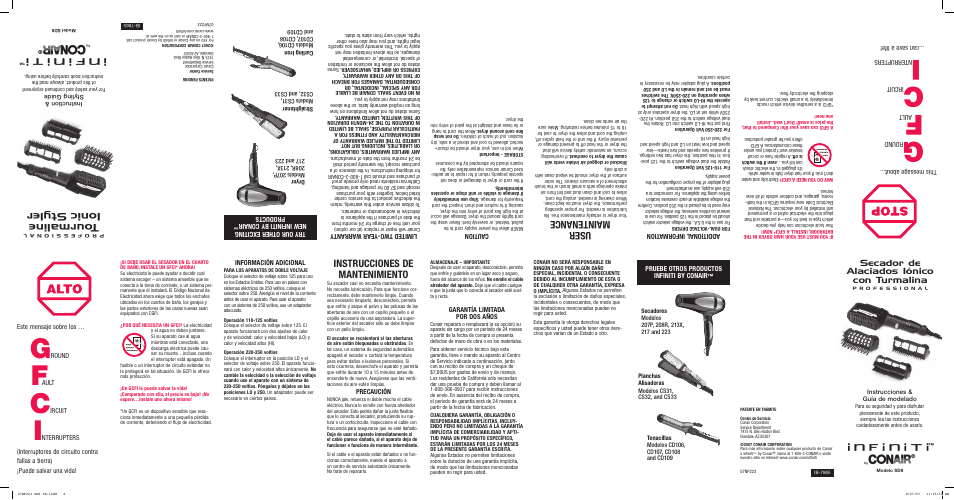 T ourmaline ionic s tyler, User maintenance, Instrucciones de mantenimiento | Secador de alaciados iónico con turmalina, This messa ge about, Round, Ault, Ircuit, Nterr upters ...can sa ve a life, Additional informa tion | Conair SD8 User Manual | Page 2 / 2