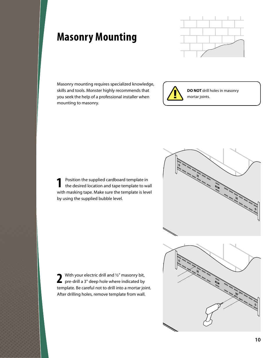 Masonry mounting | Monster FlatScreen SuperThin Tilt Mount - Up to 63” Screens User Manual | Page 10 / 19