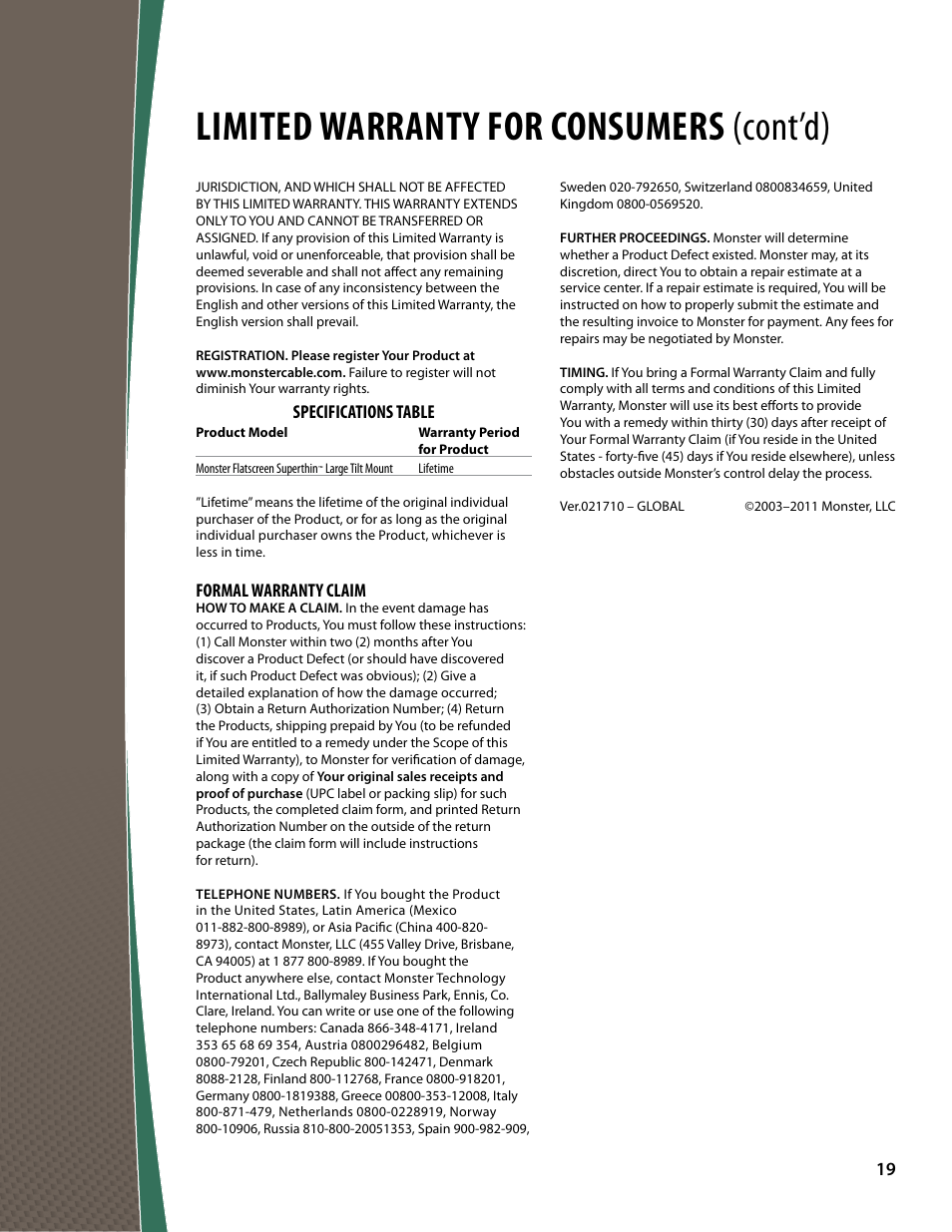 Limited warranty for consumers (cont’d) | Monster FlatScreen SuperThin Tilt Mount - Up to 63” Screens User Manual | Page 19 / 19