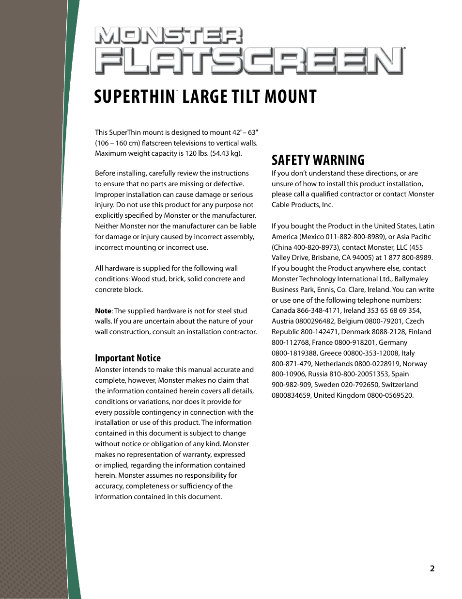 Superthin, Large tilt mount, Safety warning | Monster FlatScreen SuperThin Tilt Mount - Up to 63” Screens User Manual | Page 2 / 19