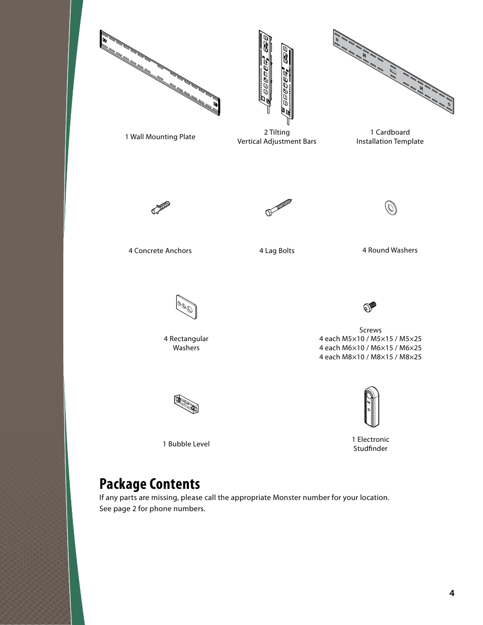 Package contents | Monster FlatScreen SuperThin Tilt Mount - Up to 63” Screens User Manual | Page 4 / 19