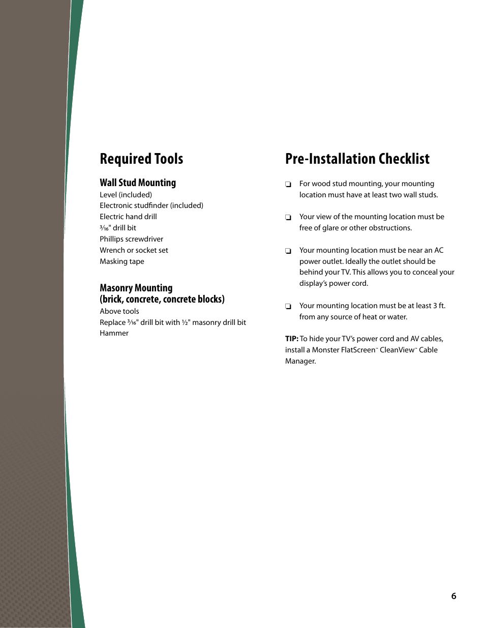 Required tools, Pre-installation checklist, Wall stud mounting | Monster FlatScreen SuperThin Tilt Mount - Up to 63” Screens User Manual | Page 6 / 19