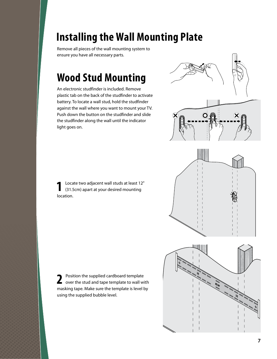 Wood stud mounting, Installing the wall mounting plate | Monster FlatScreen SuperThin Tilt Mount - Up to 63” Screens User Manual | Page 7 / 19
